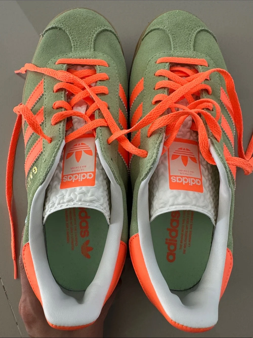 Adidas Men's Green Suede Sneakers with Neon Orange Stripes